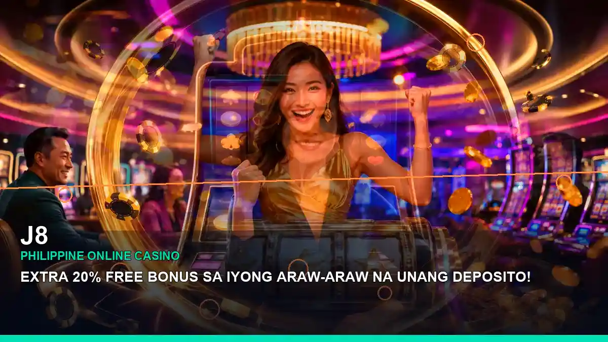 J8 casino cashback rewards featuring an adult Filipina casino host with a centered composition