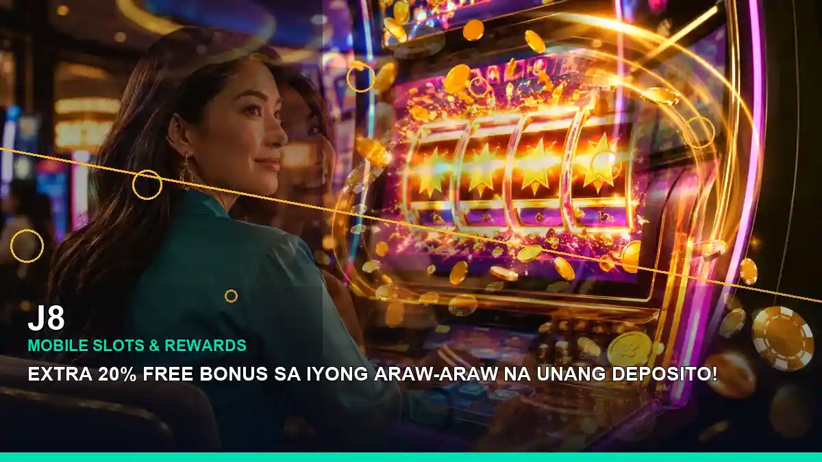 J8 gold jackpot slot games featuring an adult Filipina casino host with a left-diagonal composition