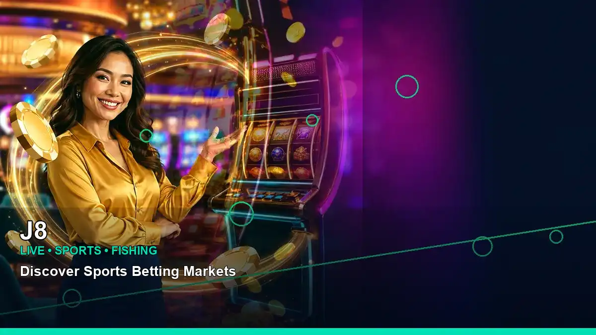 J8 first casino deposit and wallet options featuring an adult Filipina casino host with a left-framed composition